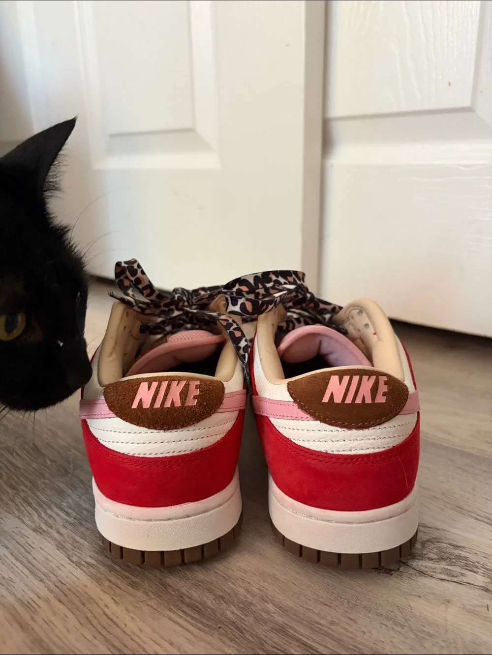 Nike Red, White and Pink Low-Top Sneakers with Leopard Laces